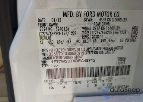 2013 Ford F-250 Lariat from USA, damaged, VIN 1FT7W2BT8DEA48712